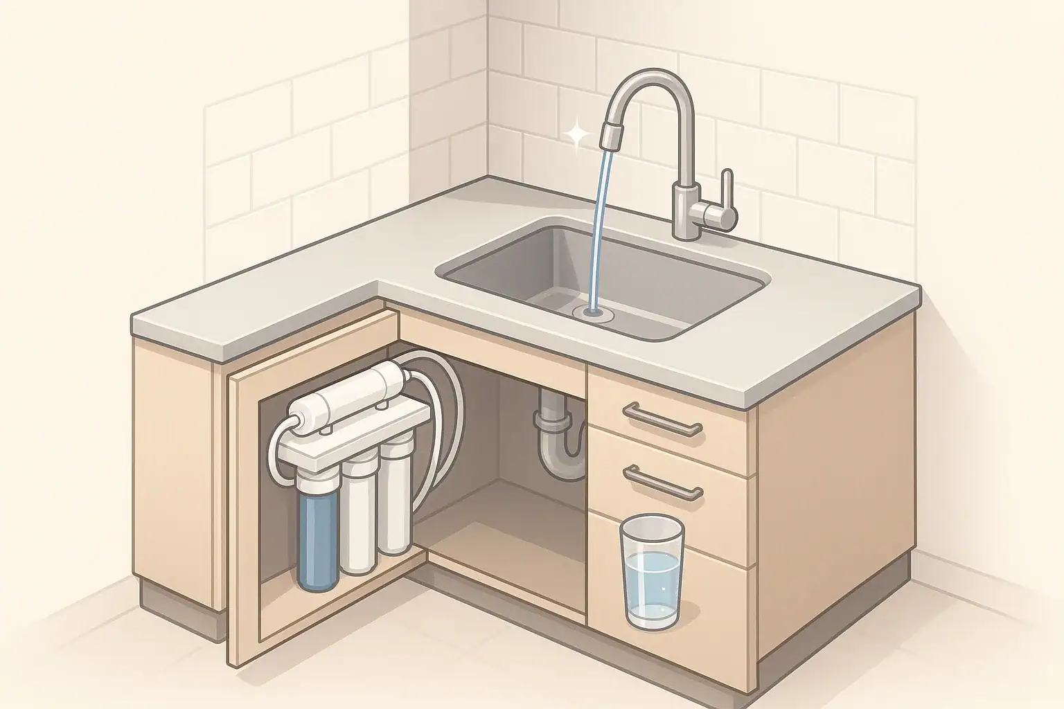 Isometric illustration of kitchen sink with under sink filter