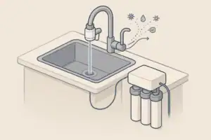 isometric illustration of faucet water filter and under sink system