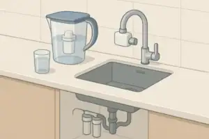 Isometric illustration of pitcher faucet and under-sink water filters