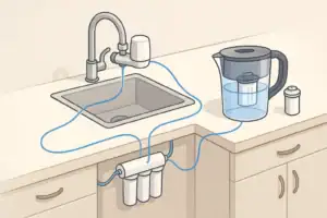Isometric illustration of home water filters for lead reduction