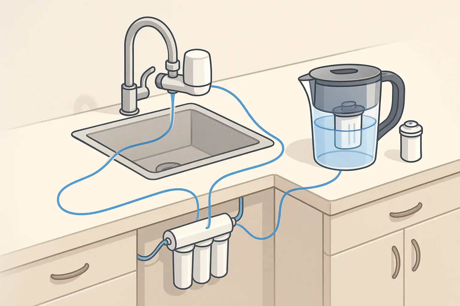 Isometric illustration of home water filters for lead reduction