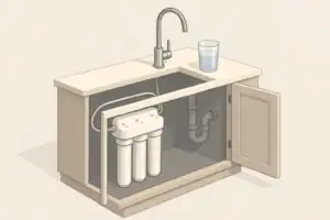 isometric under sink water filter with faucet and glass