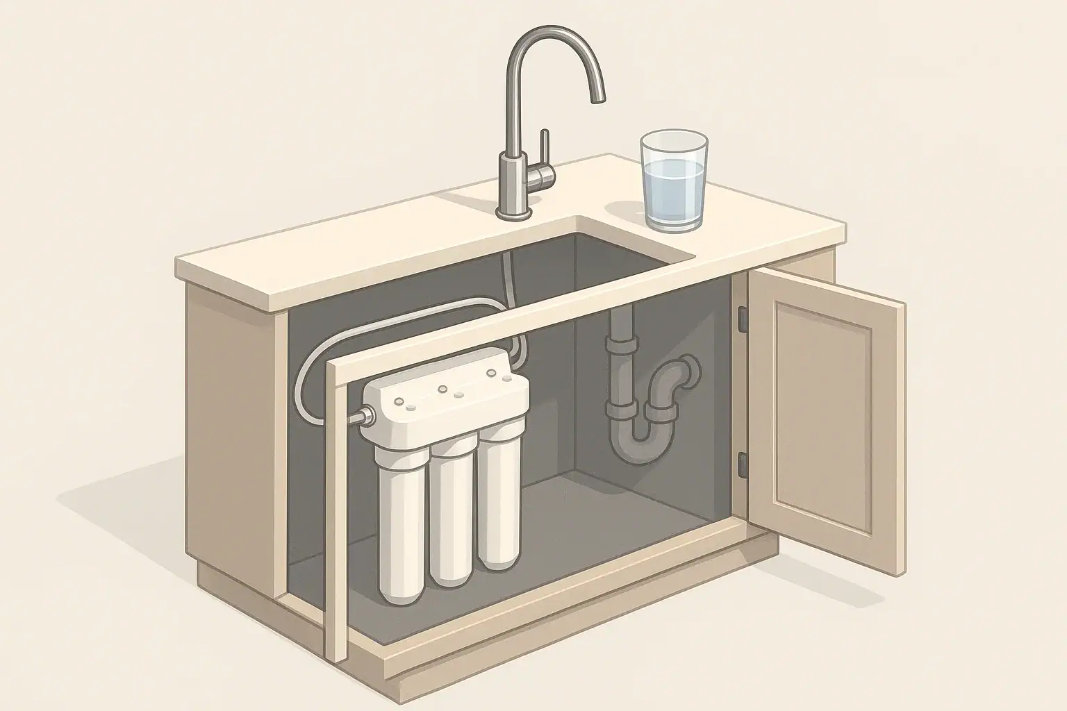 isometric under sink water filter with faucet and glass