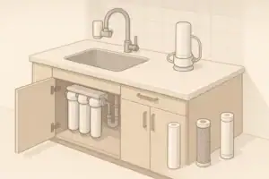 Isometric illustration of common home water filter types