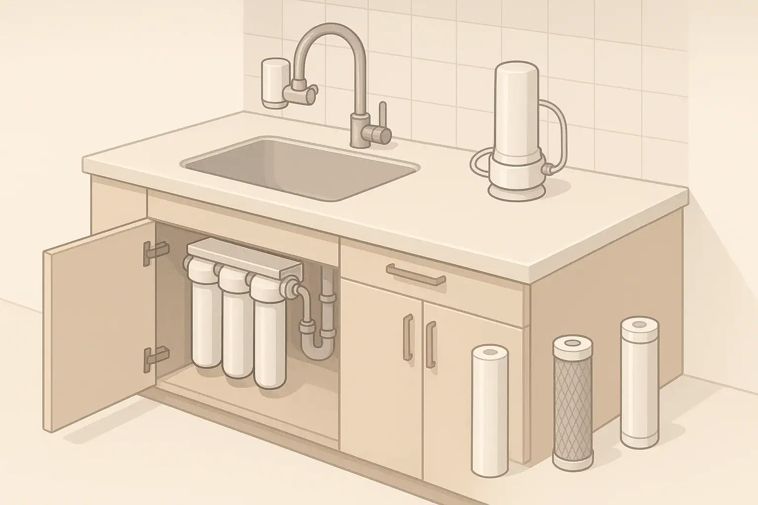 Isometric illustration of common home water filter types