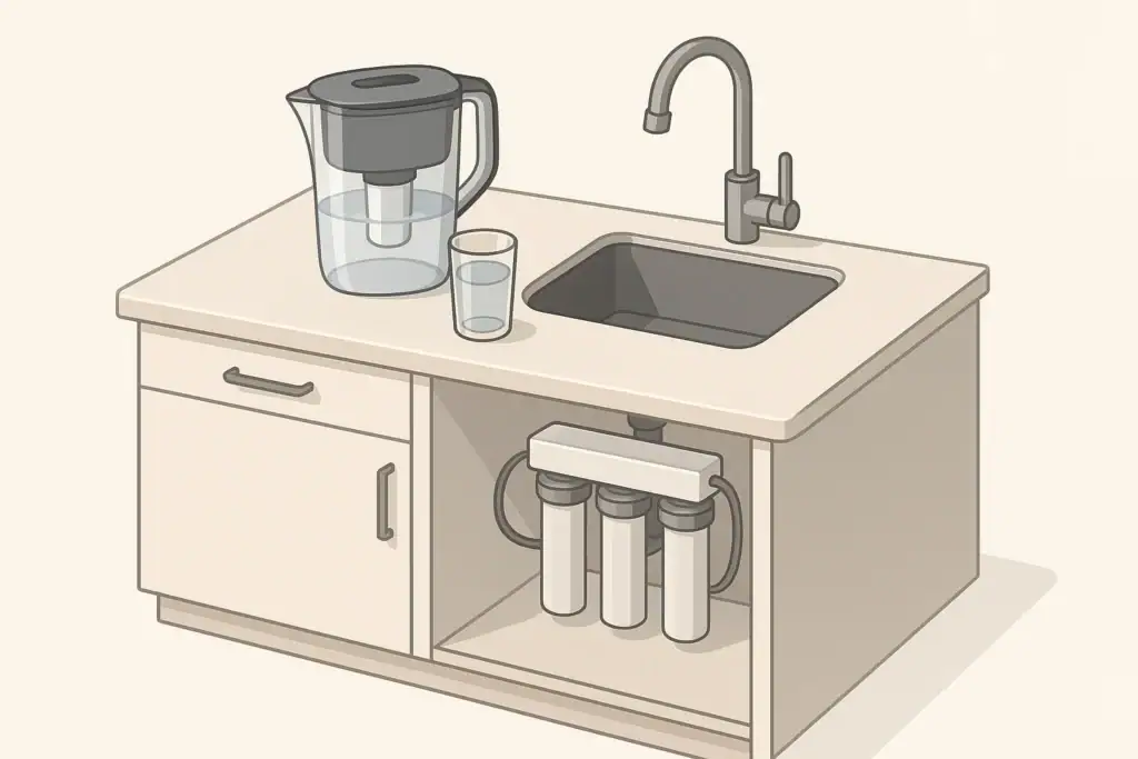 Water filter pitcher and under-sink system side by side