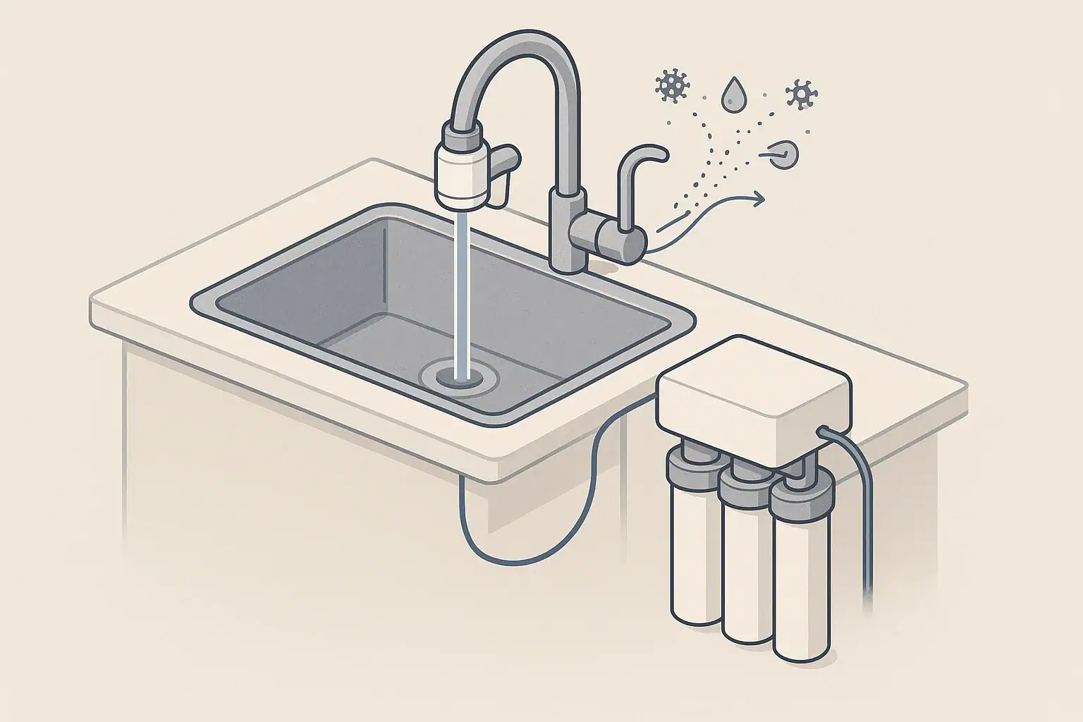 isometric illustration of faucet water filter and under sink system