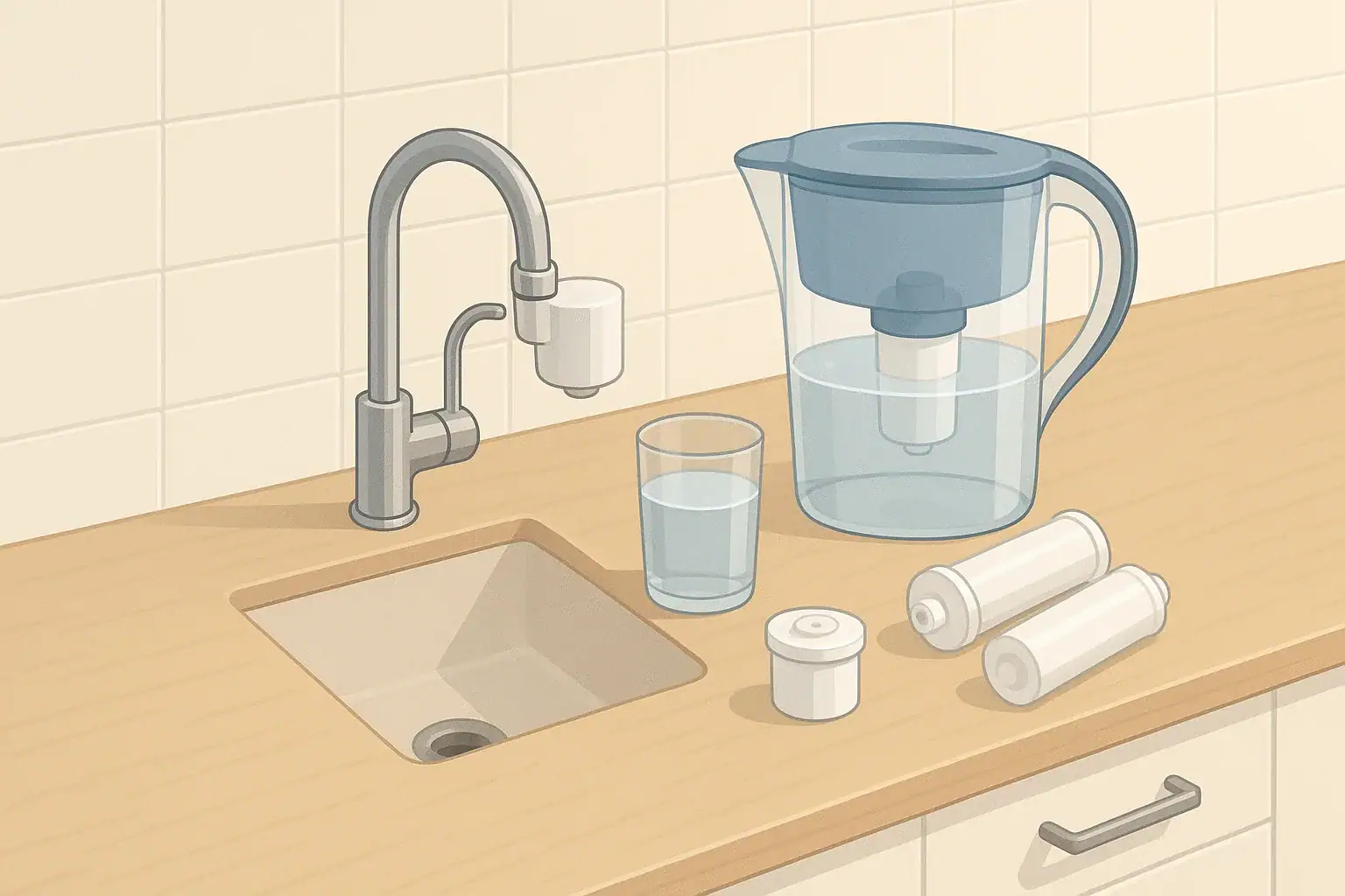 Isometric kitchen water filter and glass