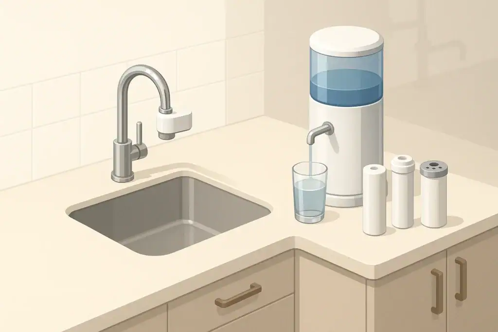 Countertop faucet filter and water glass illustration