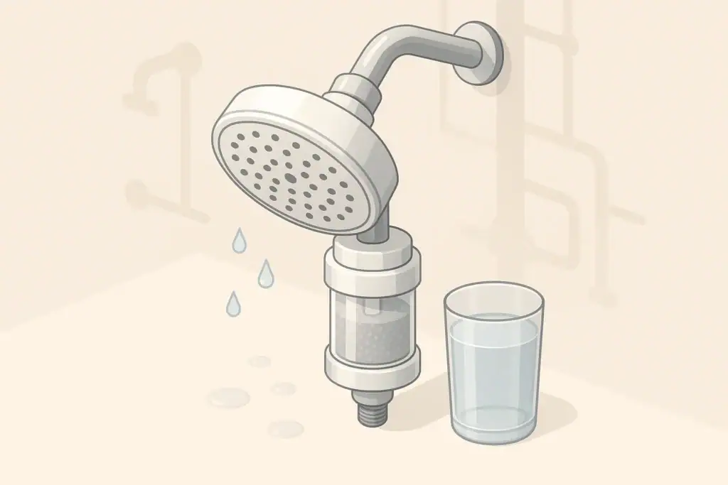 Shower filter and clear water glass illustration