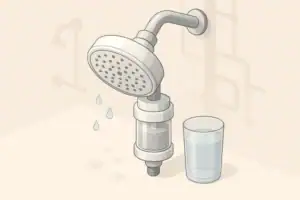 Shower filter and clear water glass illustration
