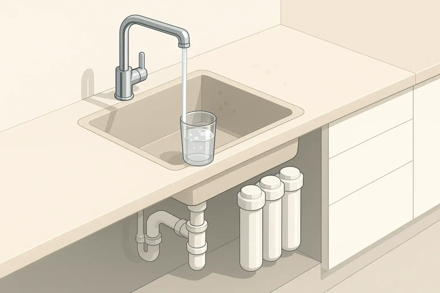 Kitchen sink with water glass and filter cartridges