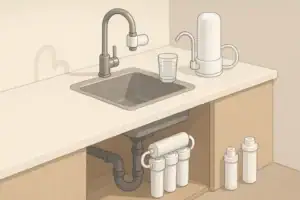 Kitchen faucet with filters during water notice
