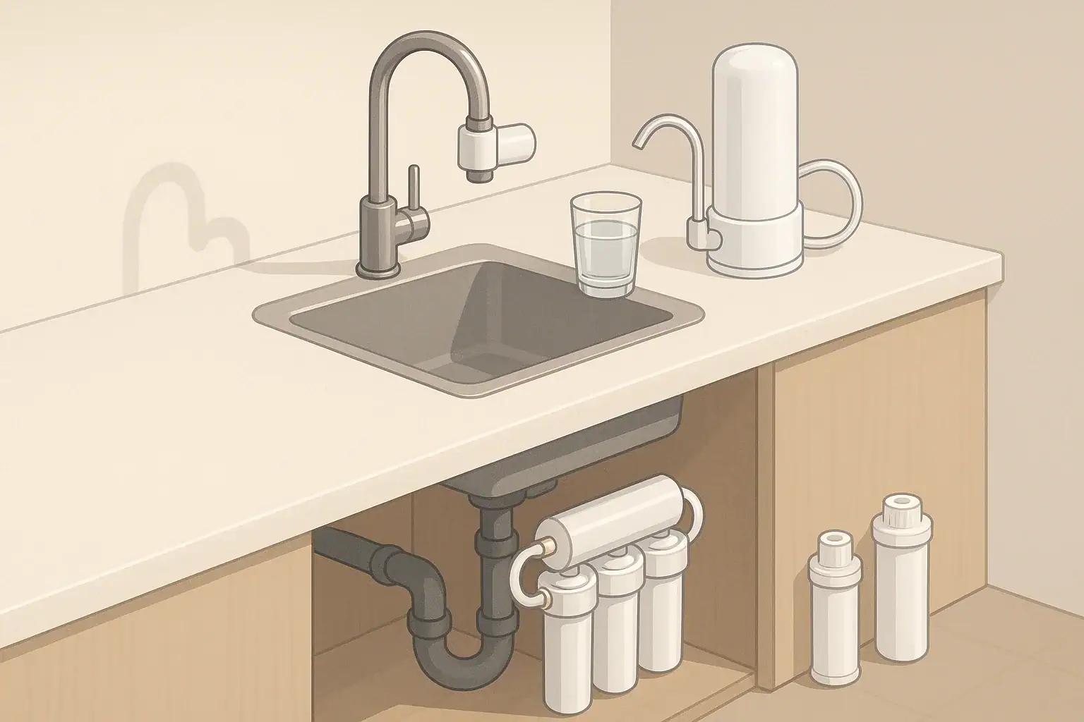 Kitchen faucet with filters during water notice