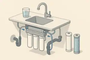 Isometric under sink filter and faucet flow