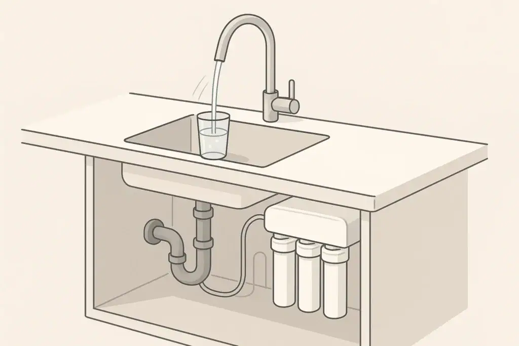 Isometric under sink filtration and faucet flow
