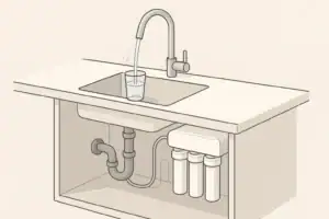 Isometric under sink filtration and faucet flow