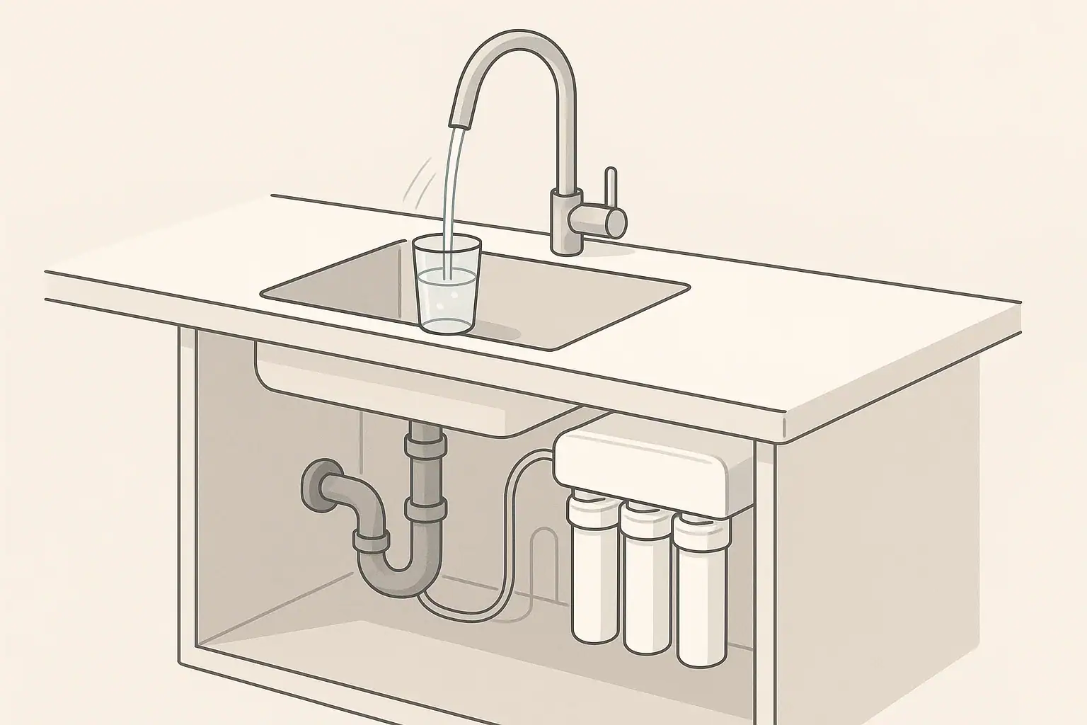 Isometric under sink filtration and faucet flow