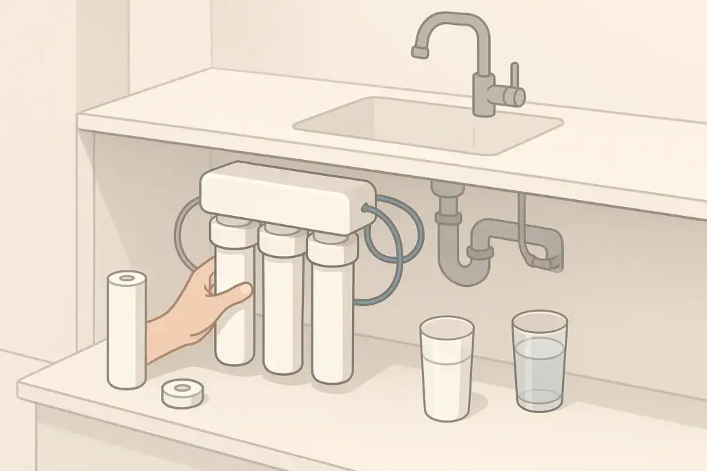 Under sink filter cartridges being replaced