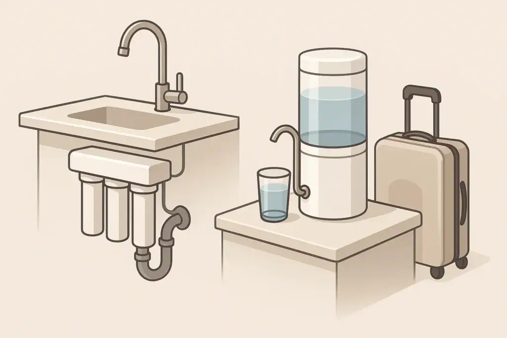 Side by side home water filter travel setup