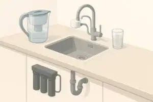 Isometric faucet filter and under sink plumbing scene