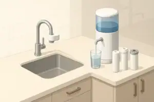 Countertop faucet filter and water glass illustration