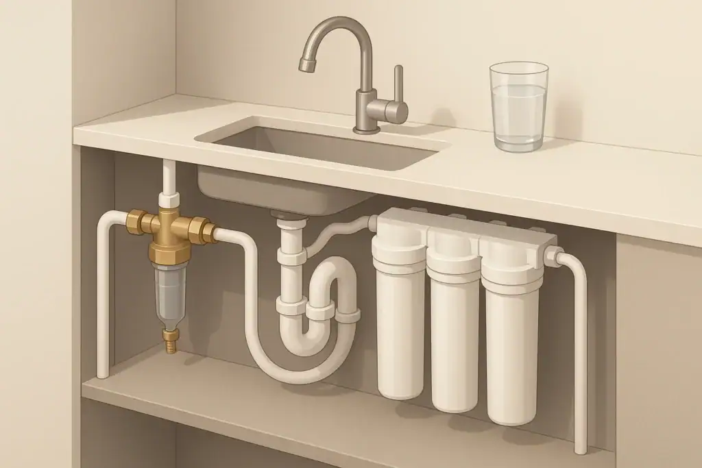 Reusable sediment filter under a kitchen sink