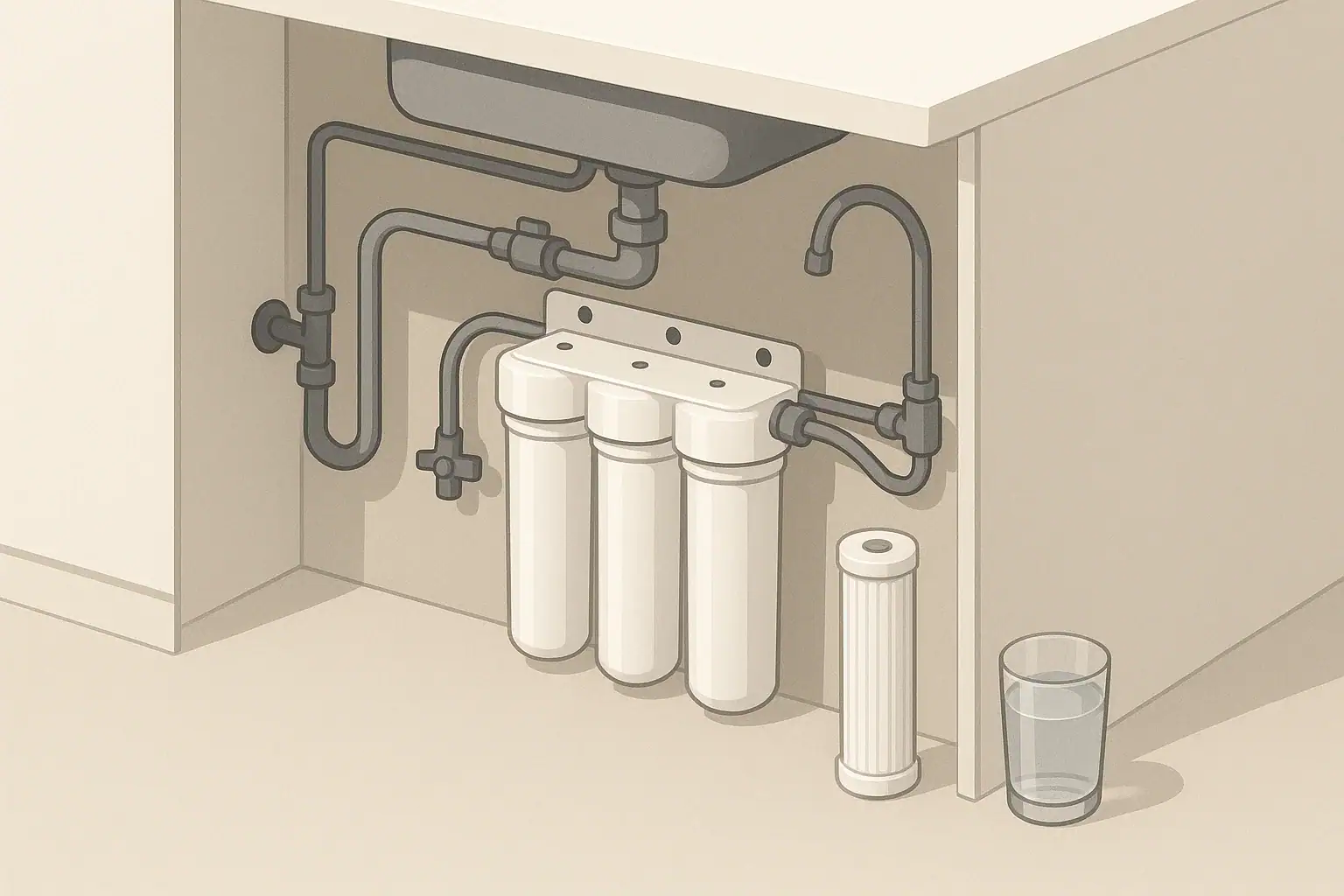 Tidy under-sink filtration setup with bypass valves