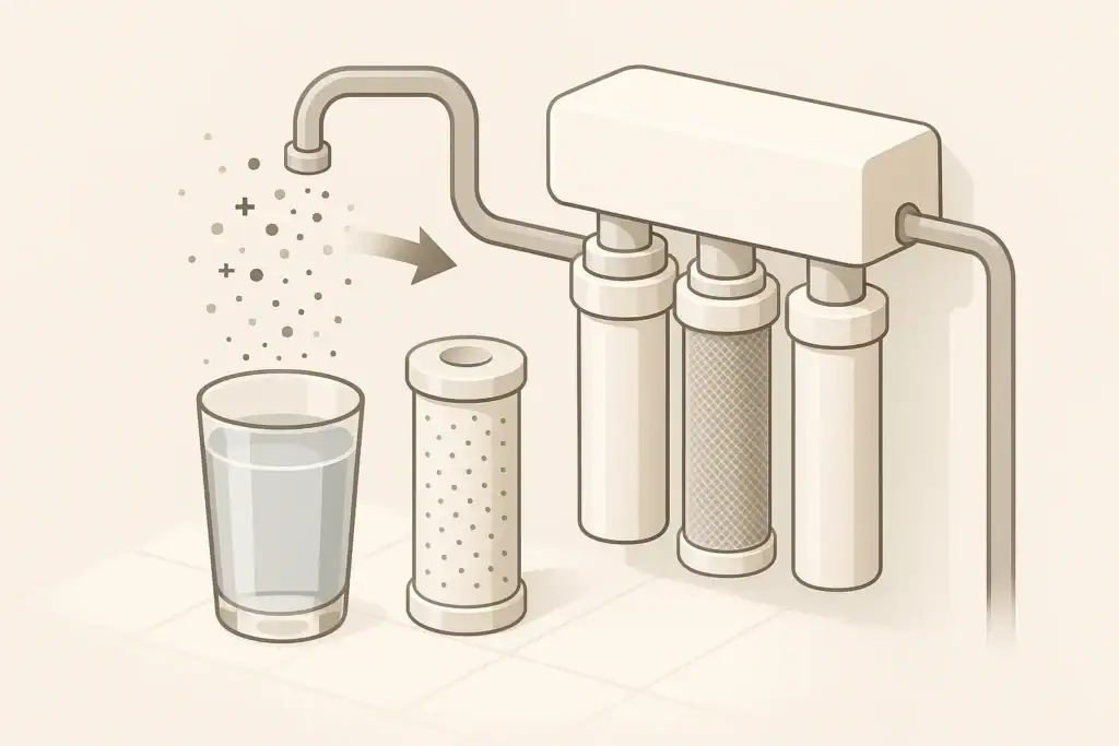 Abstract home water filter reducing contaminants
