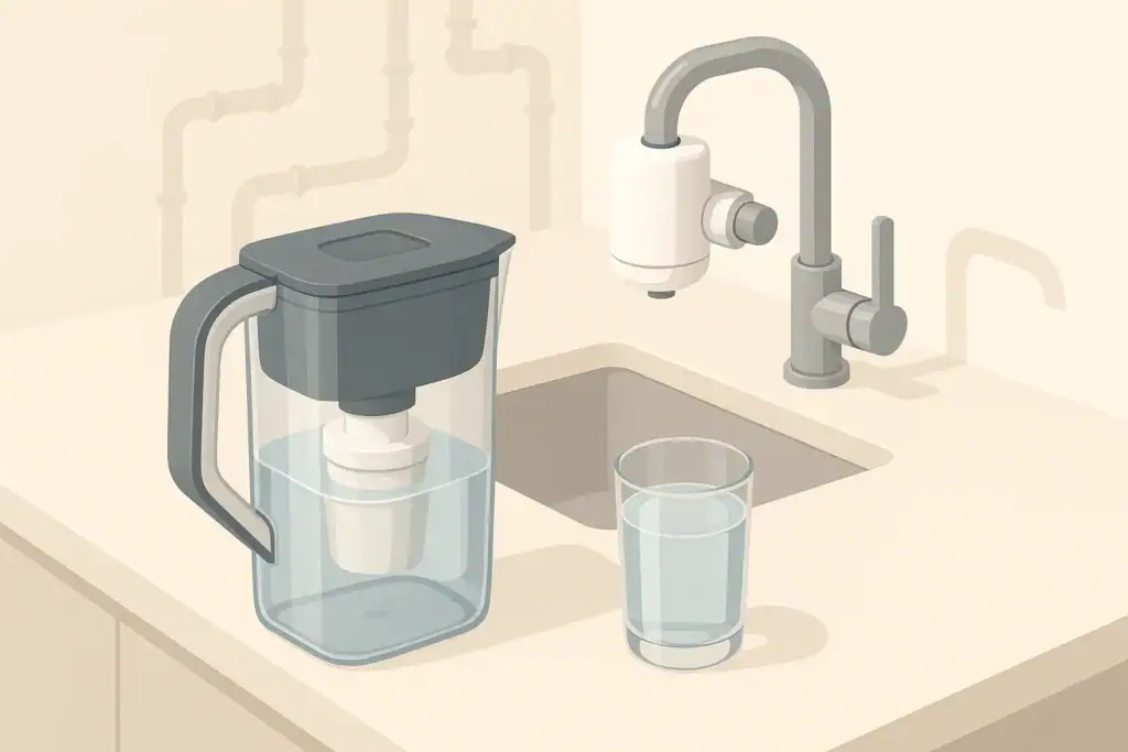 Countertop faucet filter and water glass illustration