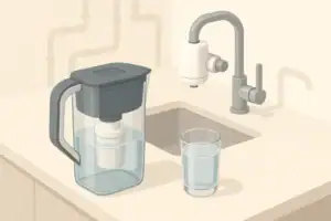 Countertop faucet filter and water glass illustration