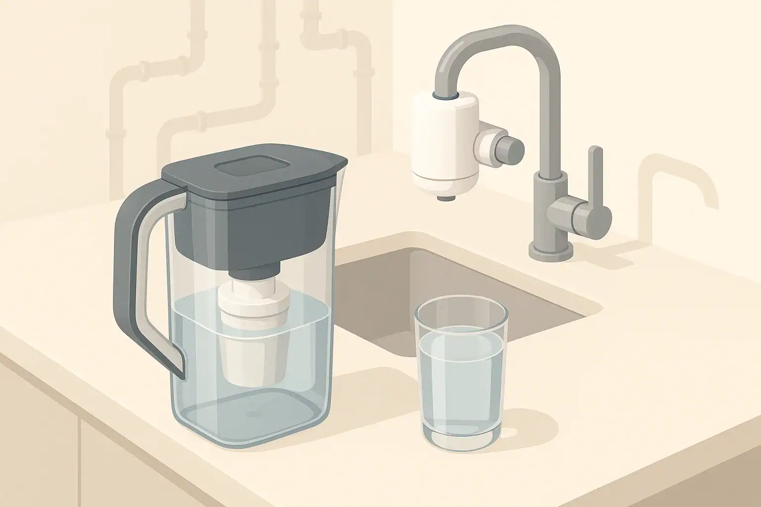 Countertop faucet filter and water glass illustration