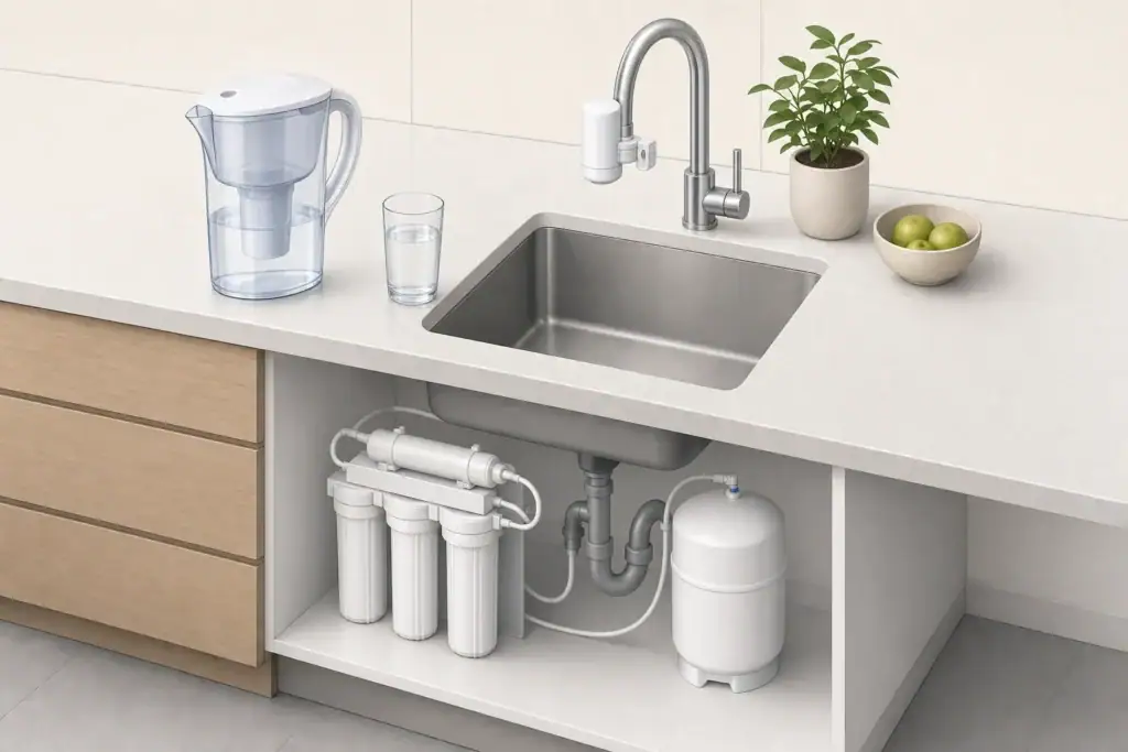 Isometric faucet and pitcher filters beside a water glass