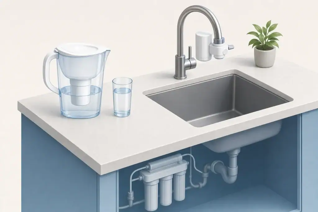 Countertop pitcher and faucet filter beside clear water glass