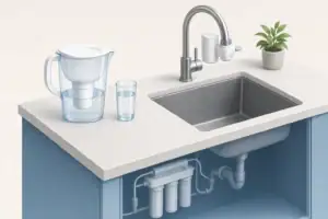 Countertop pitcher and faucet filter beside clear water glass