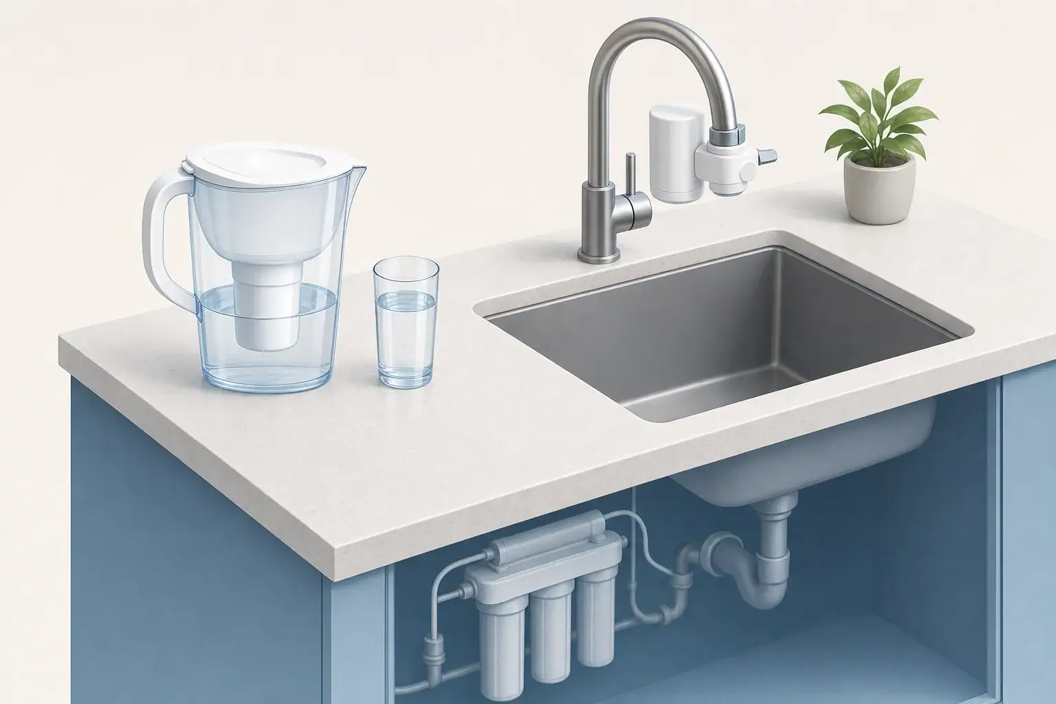 Countertop pitcher and faucet filter beside clear water glass