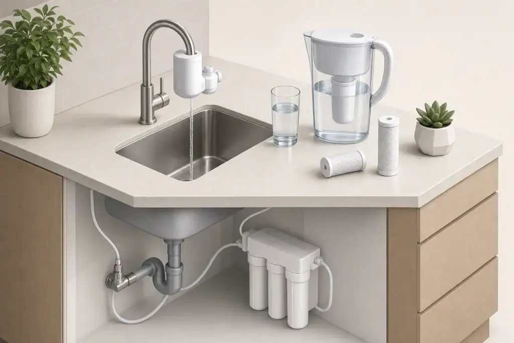 Faucet filter pitcher and water glass on countertop