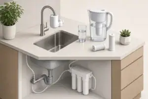 Faucet filter pitcher and water glass on countertop