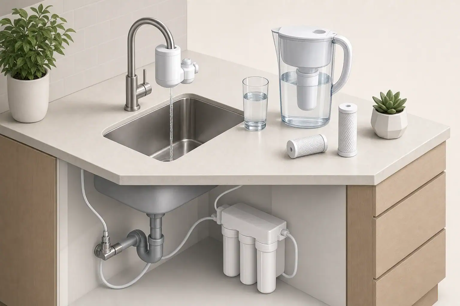 Faucet filter pitcher and water glass on countertop