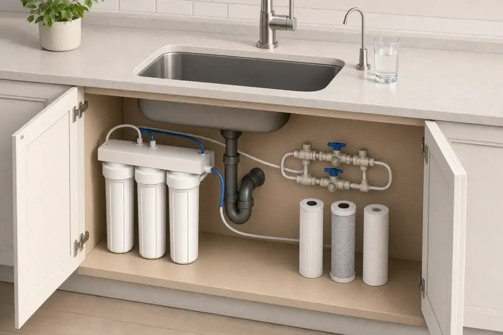 Under-sink filter with a three-valve bypass layout