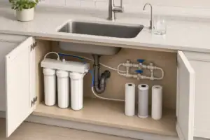 Under-sink filter with a three-valve bypass layout