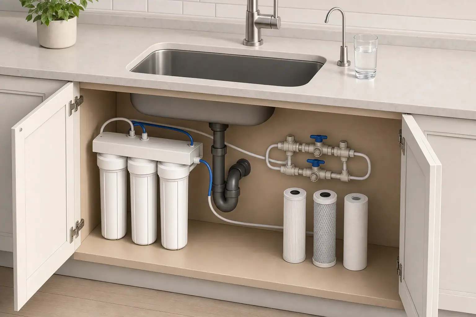 Under-sink filter with a three-valve bypass layout