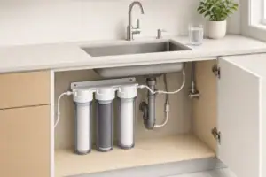 Staged sediment cartridges in a tidy under sink system