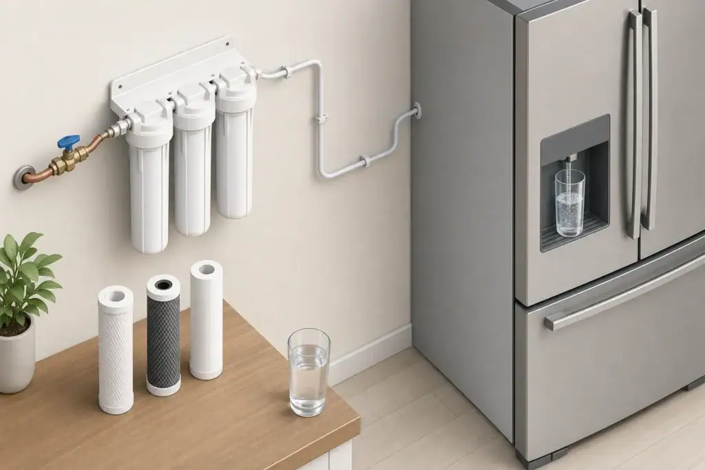 Utility water filtration system supplying a kitchen refrigerator