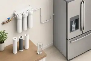 Utility water filtration system supplying a kitchen refrigerator