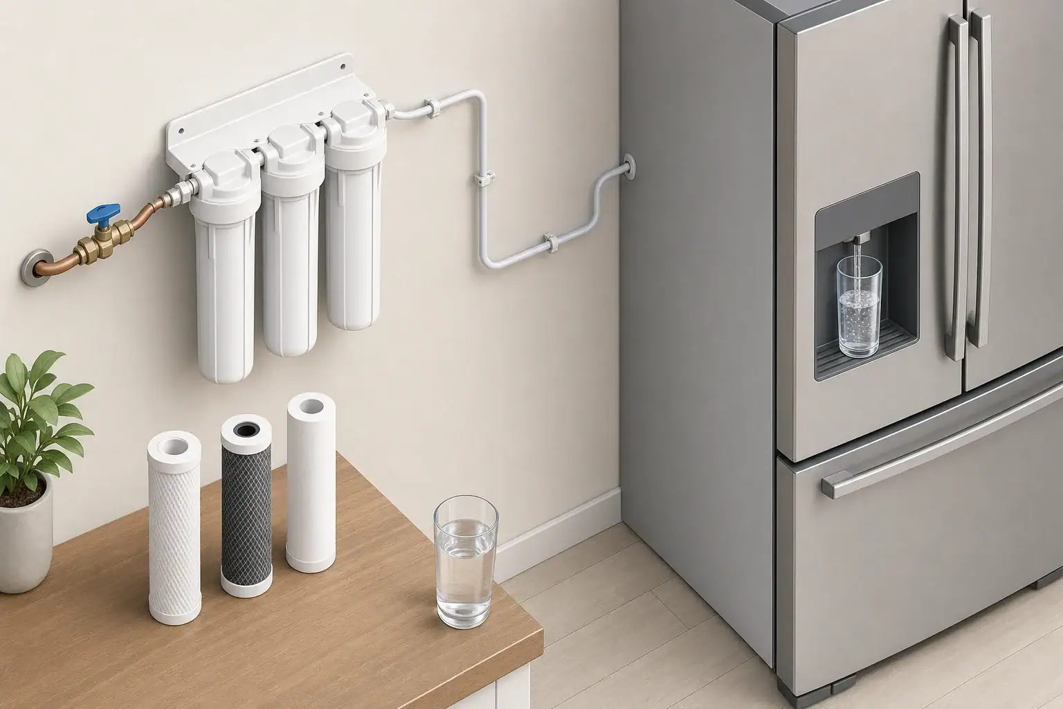 Utility water filtration system supplying a kitchen refrigerator