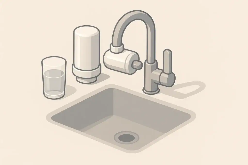 Faucet filter with carbon cartridge and water glass