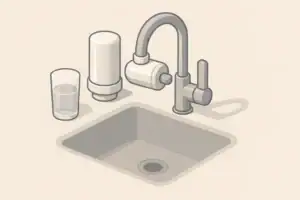 Faucet filter with carbon cartridge and water glass