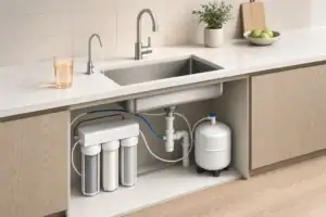 Orange tinted well water beside under sink filtration