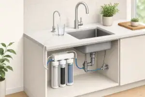Under-sink microbial filter supplying a kitchen faucet